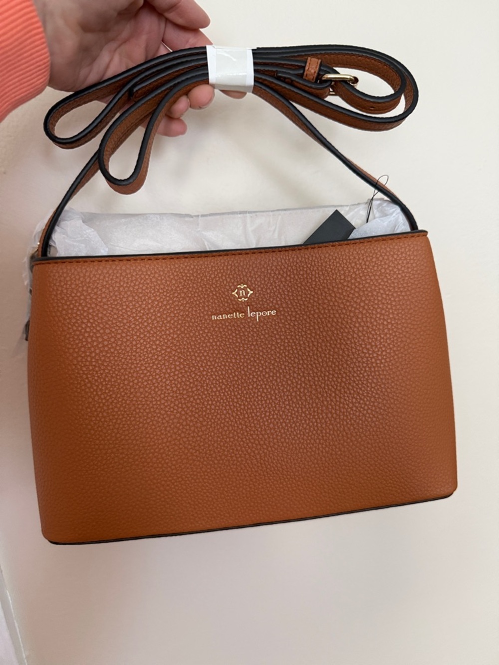 Nanette Lepore Tan Pebbled Leather Crossbody with Gold Logo